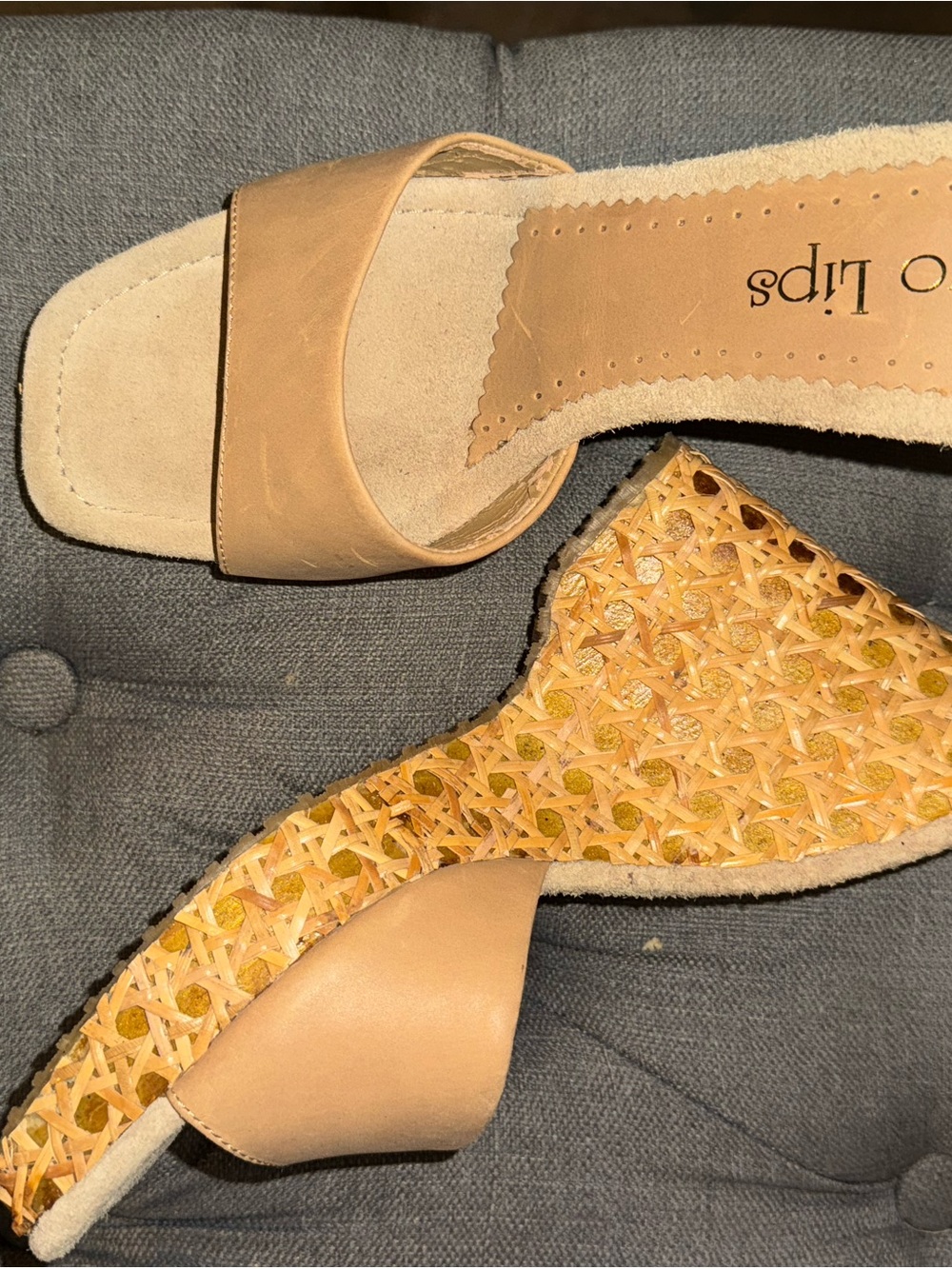 Two Lips Tan Woven Wedge Slide Sandals